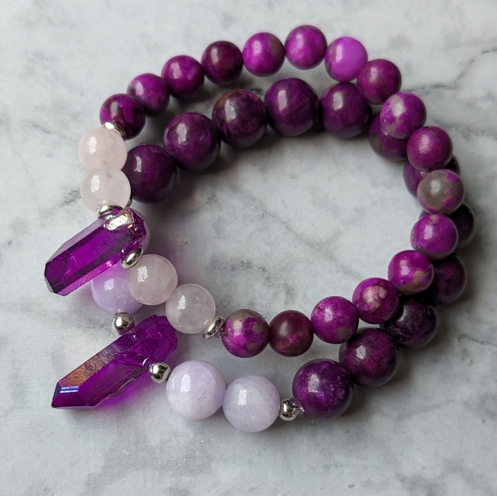 Sugalite Rose Quartz Crystal Stone bead bracelet - Picture 7 of 9